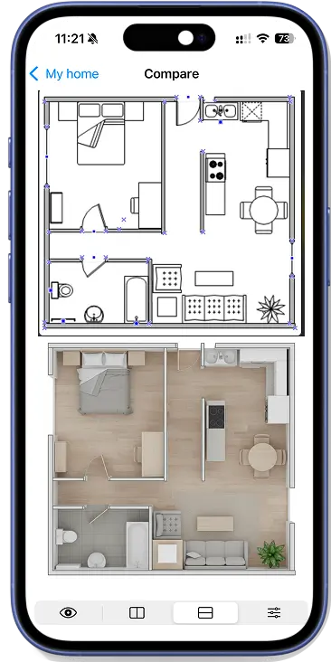 Compare: 2D floor plan to 3D render inside the app UI